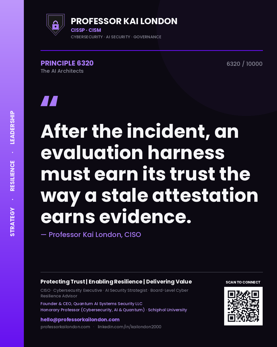 Quote card by Professor Kai London reading 'After the incident, an evaluation harness must earn its trust the way a stale attestation earns evidence.'. From the book The AI Architects.