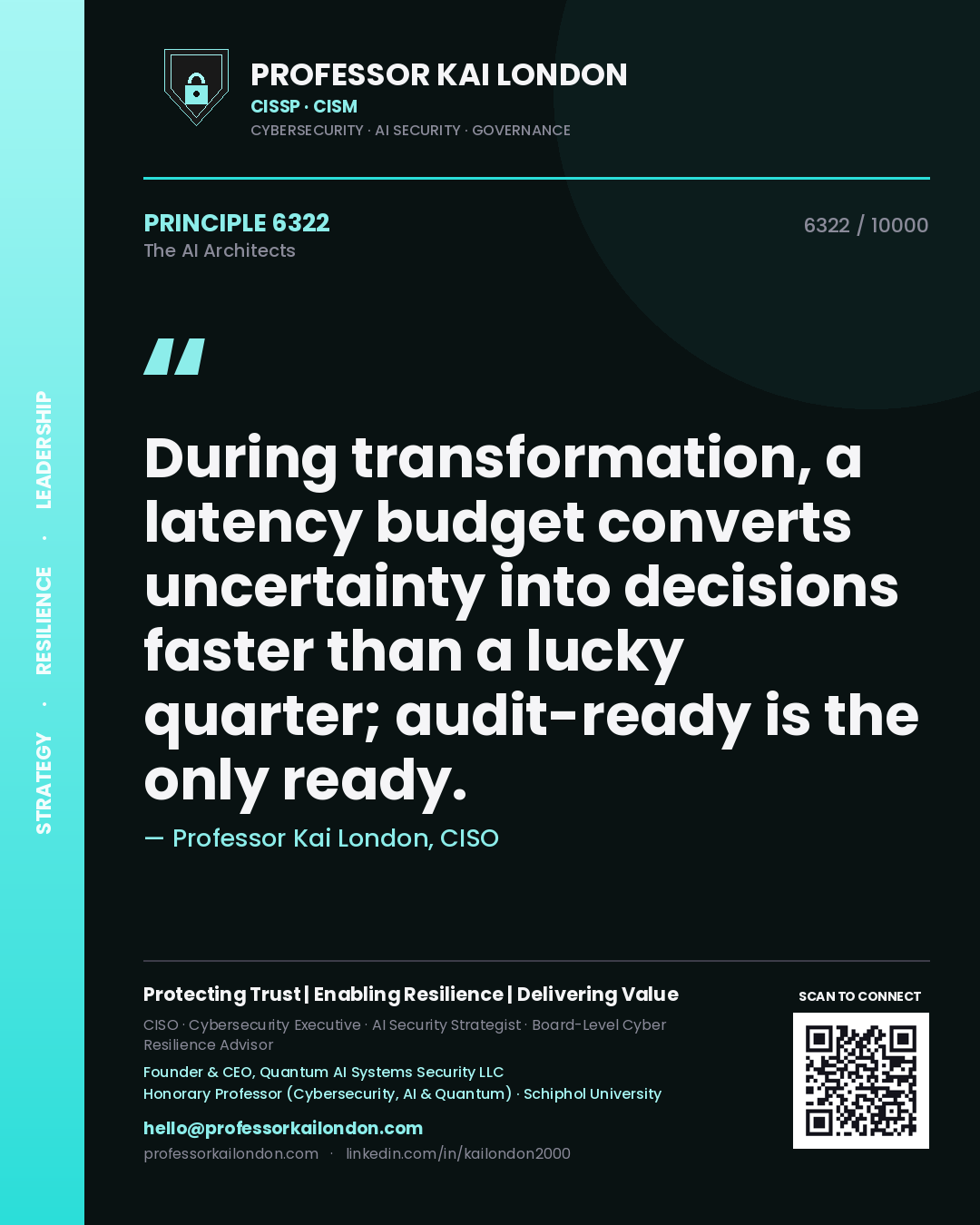 Quote card by Professor Kai London reading 'During transformation, a latency budget converts uncertainty into decisions faster than a lucky quarter; audit-ready is the only ready.'. From the book The AI Architects.