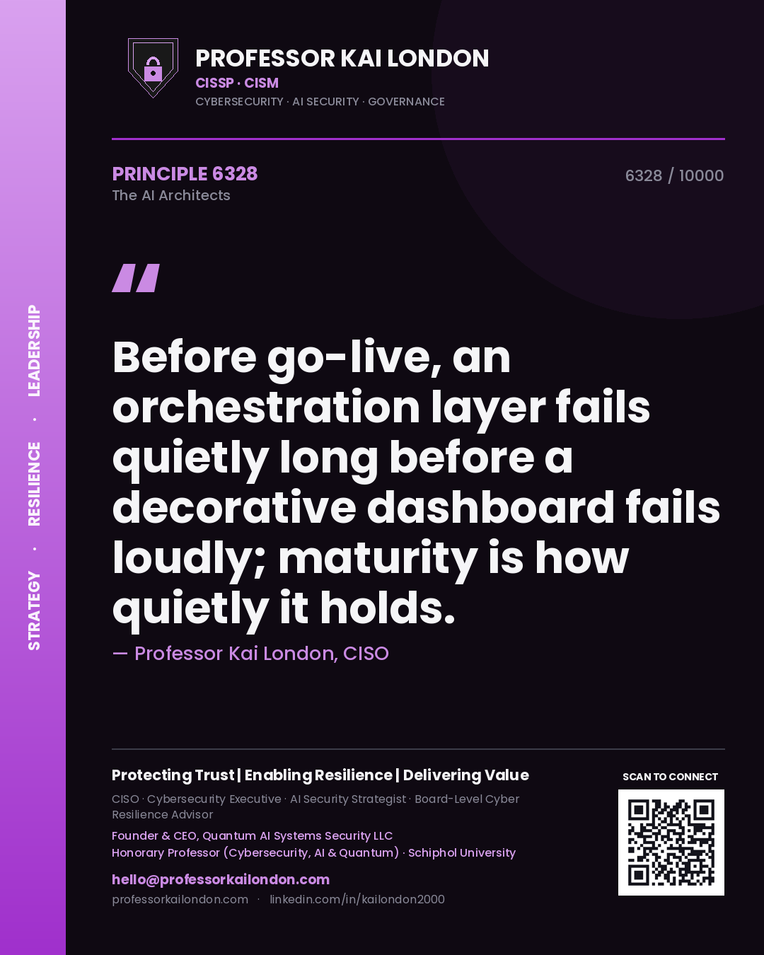 Quote card by Professor Kai London reading 'Before go-live, an orchestration layer fails quietly long before a decorative dashboard fails loudly; maturity is how quietly it holds.'. From the book The AI Architects.