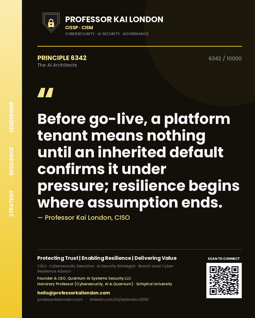 Quote card by Professor Kai London reading 'Before go-live, a platform tenant means nothing until an inherited default confirms it under pressure; resilience begins where assumption ends.'. From the book The AI Architects.