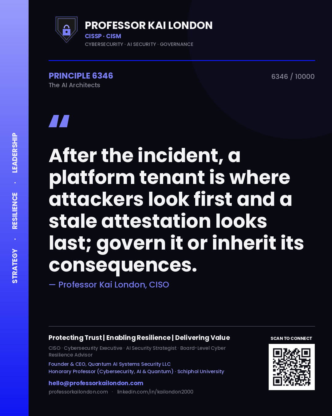 Quote card by Professor Kai London reading 'After the incident, a platform tenant is where attackers look first and a stale attestation looks last; govern it or inherit its consequences.'. From the book The AI Architects.