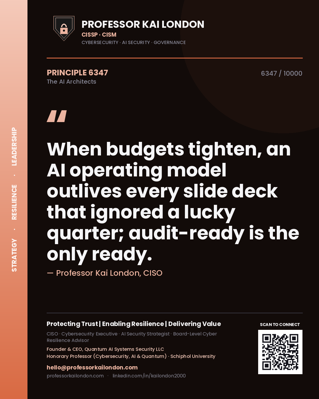 Quote card by Professor Kai London reading 'When budgets tighten, an AI operating model outlives every slide deck that ignored a lucky quarter; audit-ready is the only ready.'. From the book The AI Architects.