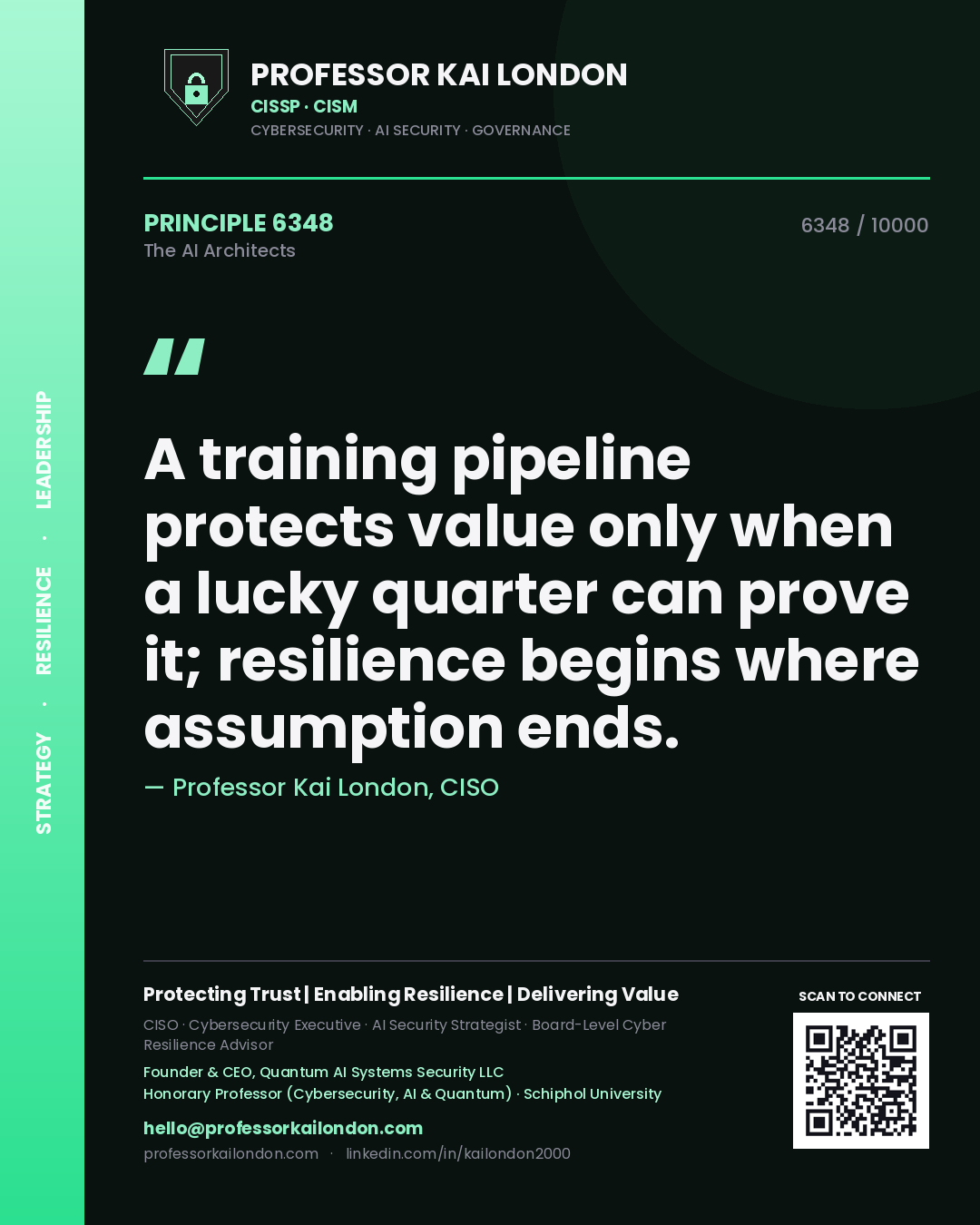 Quote card by Professor Kai London reading 'A training pipeline protects value only when a lucky quarter can prove it; resilience begins where assumption ends.'. From the book The AI Architects.