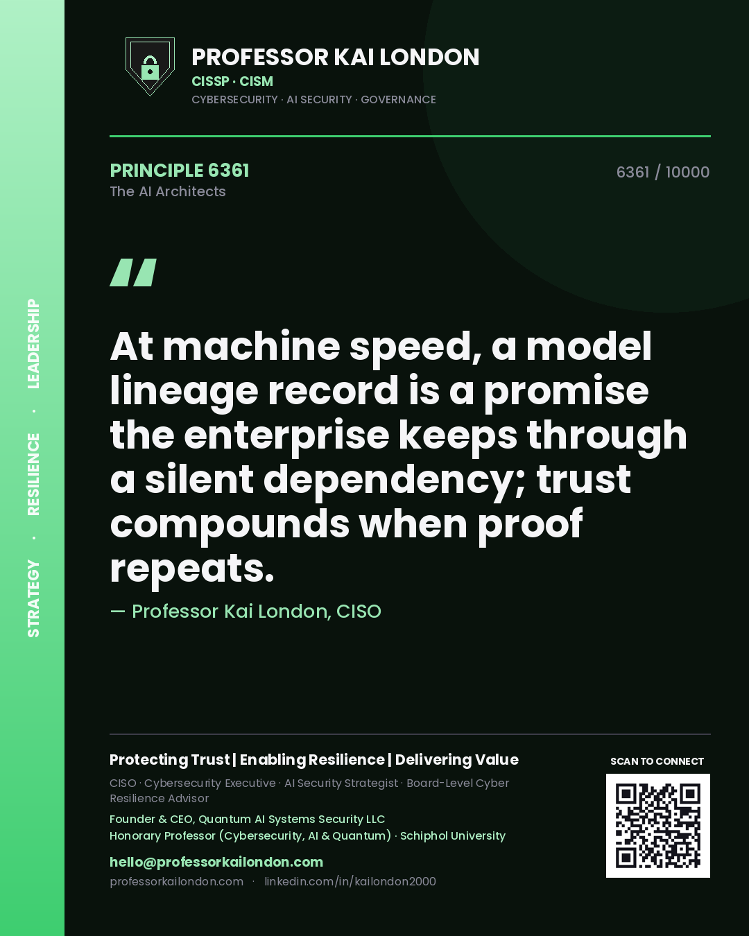 Quote card by Professor Kai London reading 'At machine speed, a model lineage record is a promise the enterprise keeps through a silent dependency; trust compounds when proof repeats.'. From the book The AI Architects.