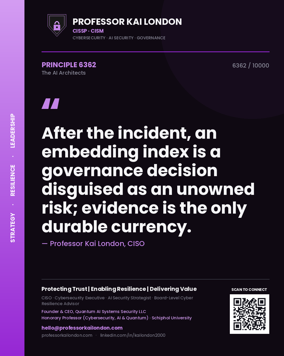 Quote card by Professor Kai London reading 'After the incident, an embedding index is a governance decision disguised as an unowned risk; evidence is the only durable currency.'. From the book The AI Architects.