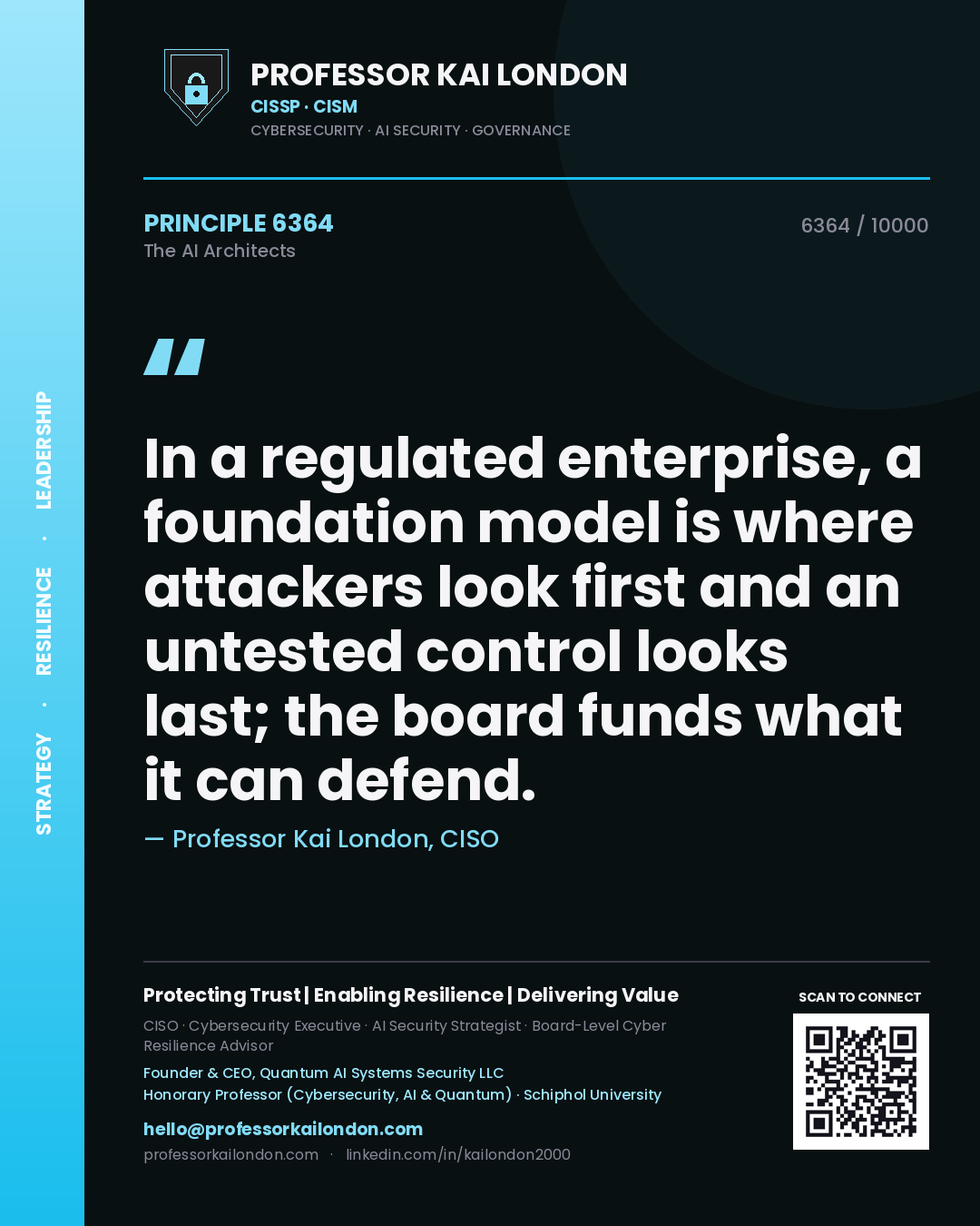 Quote card by Professor Kai London reading 'In a regulated enterprise, a foundation model is where attackers look first and an untested control looks last; the board funds what it can defend.'. From the book The AI Architects.