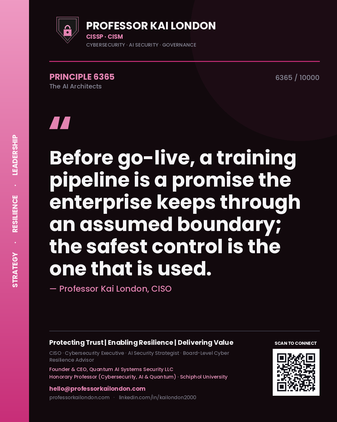 Quote card by Professor Kai London reading 'Before go-live, a training pipeline is a promise the enterprise keeps through an assumed boundary; the safest control is the one that is used.'. From the book The AI Architects.