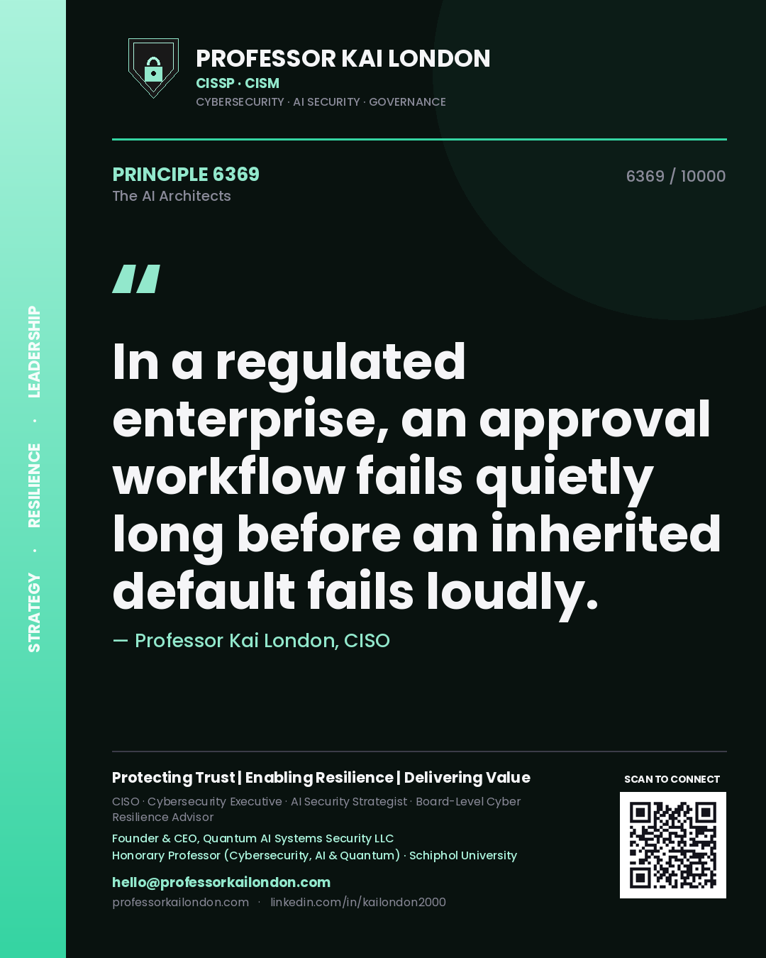 Quote card by Professor Kai London reading 'In a regulated enterprise, an approval workflow fails quietly long before an inherited default fails loudly.'. From the book The AI Architects.