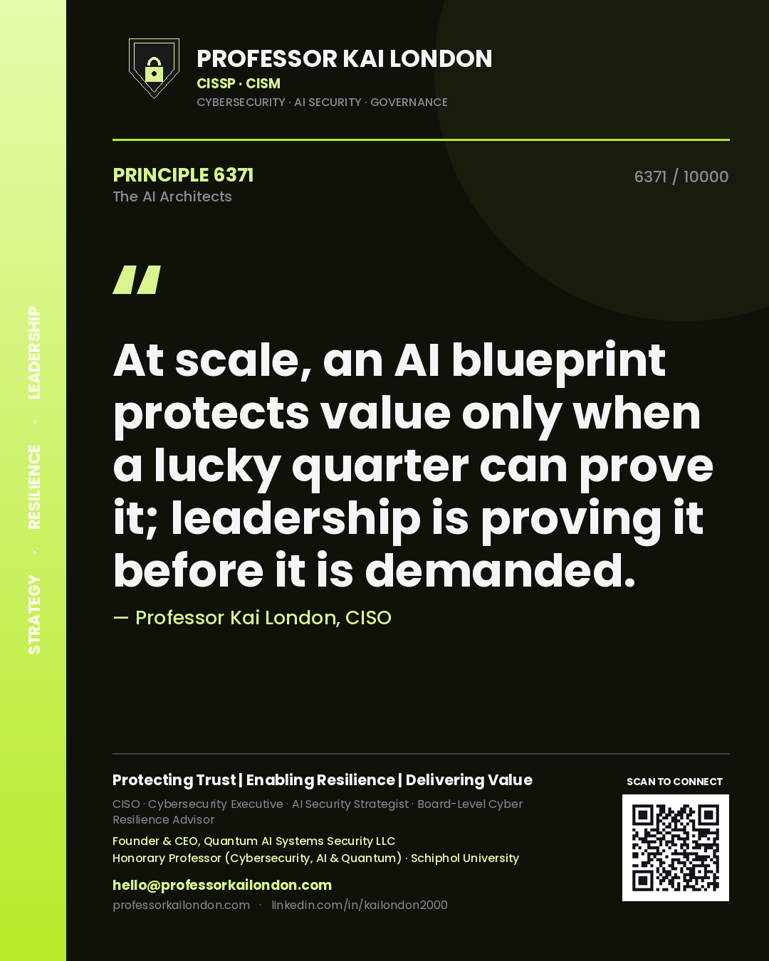 Quote card by Professor Kai London reading 'At scale, an AI blueprint protects value only when a lucky quarter can prove it; leadership is proving it before it is demanded.'. From the book The AI Architects.