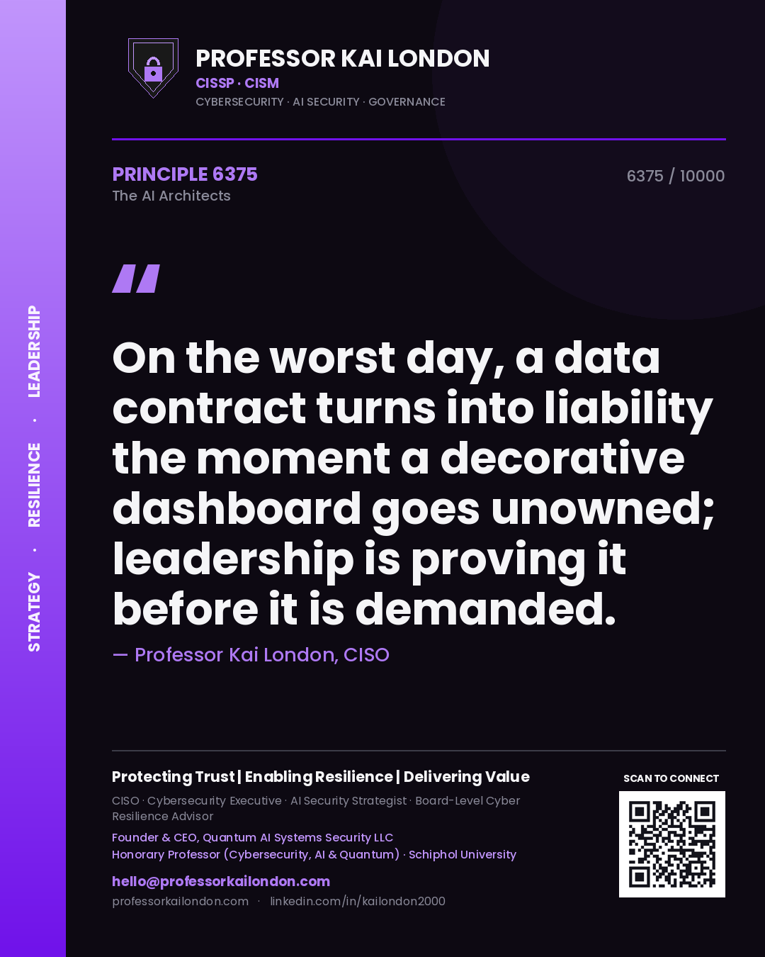 Quote card by Professor Kai London reading 'On the worst day, a data contract turns into liability the moment a decorative dashboard goes unowned; leadership is proving it before it is demanded.'. From the book The AI Architects.