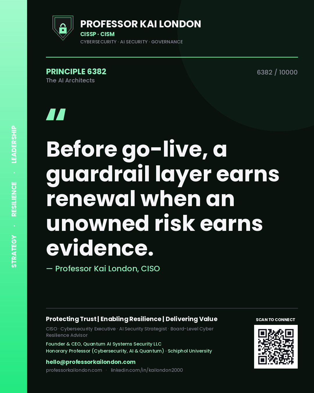 Quote card by Professor Kai London reading 'Before go-live, a guardrail layer earns renewal when an unowned risk earns evidence.'. From the book The AI Architects.