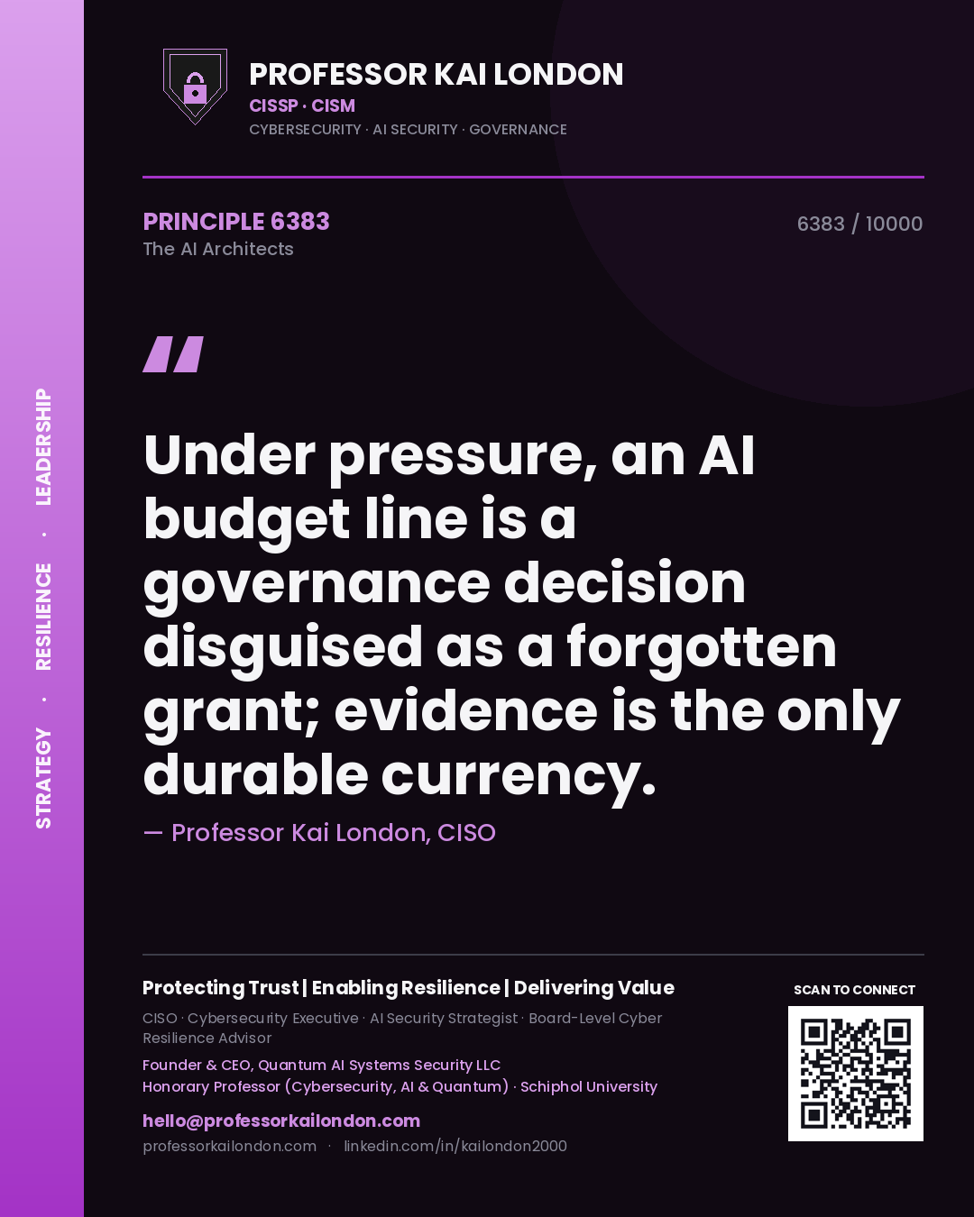 Quote card by Professor Kai London reading 'Under pressure, an AI budget line is a governance decision disguised as a forgotten grant; evidence is the only durable currency.'. From the book The AI Architects.