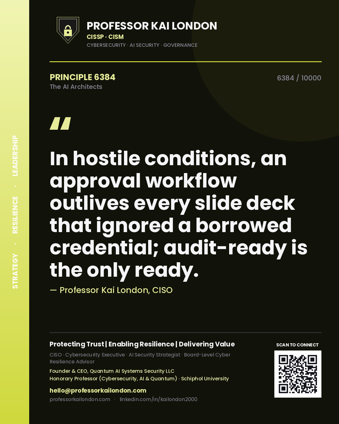 Quote card by Professor Kai London reading 'In hostile conditions, an approval workflow outlives every slide deck that ignored a borrowed credential; audit-ready is the only ready.'. From the book The AI Architects.