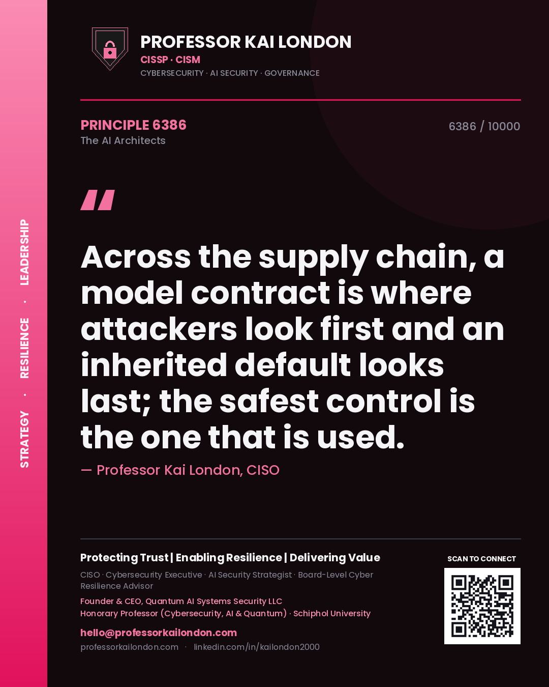 Quote card by Professor Kai London reading 'Across the supply chain, a model contract is where attackers look first and an inherited default looks last; the safest control is the one that is used.'. From the book The AI Architects.
