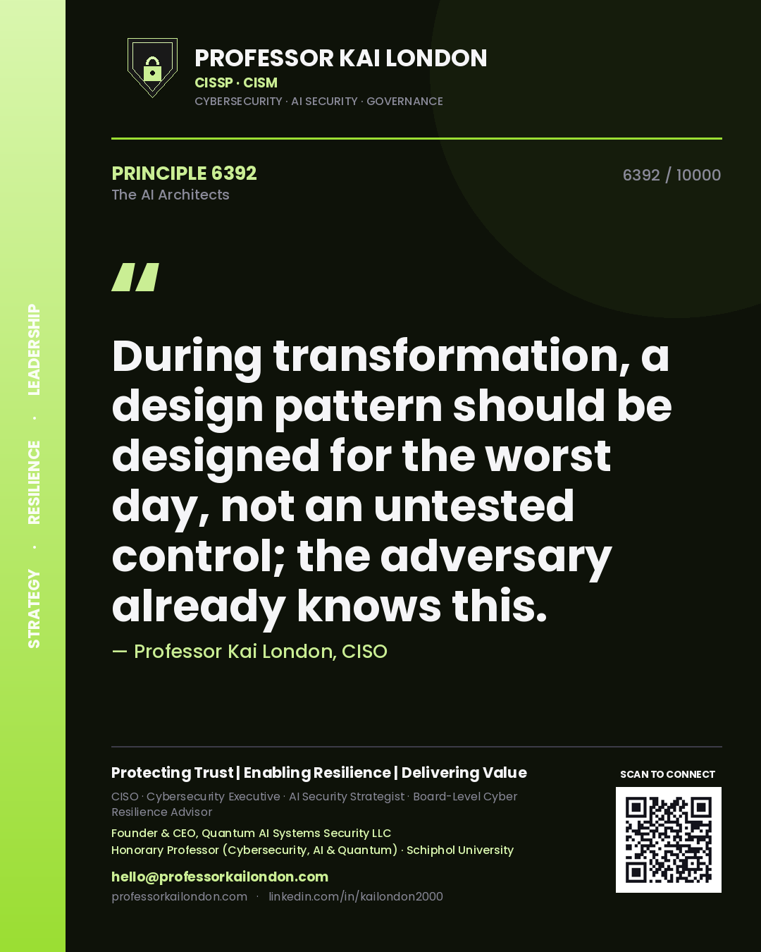 Quote card by Professor Kai London reading 'During transformation, a design pattern should be designed for the worst day, not an untested control; the adversary already knows this.'. From the book The AI Architects.