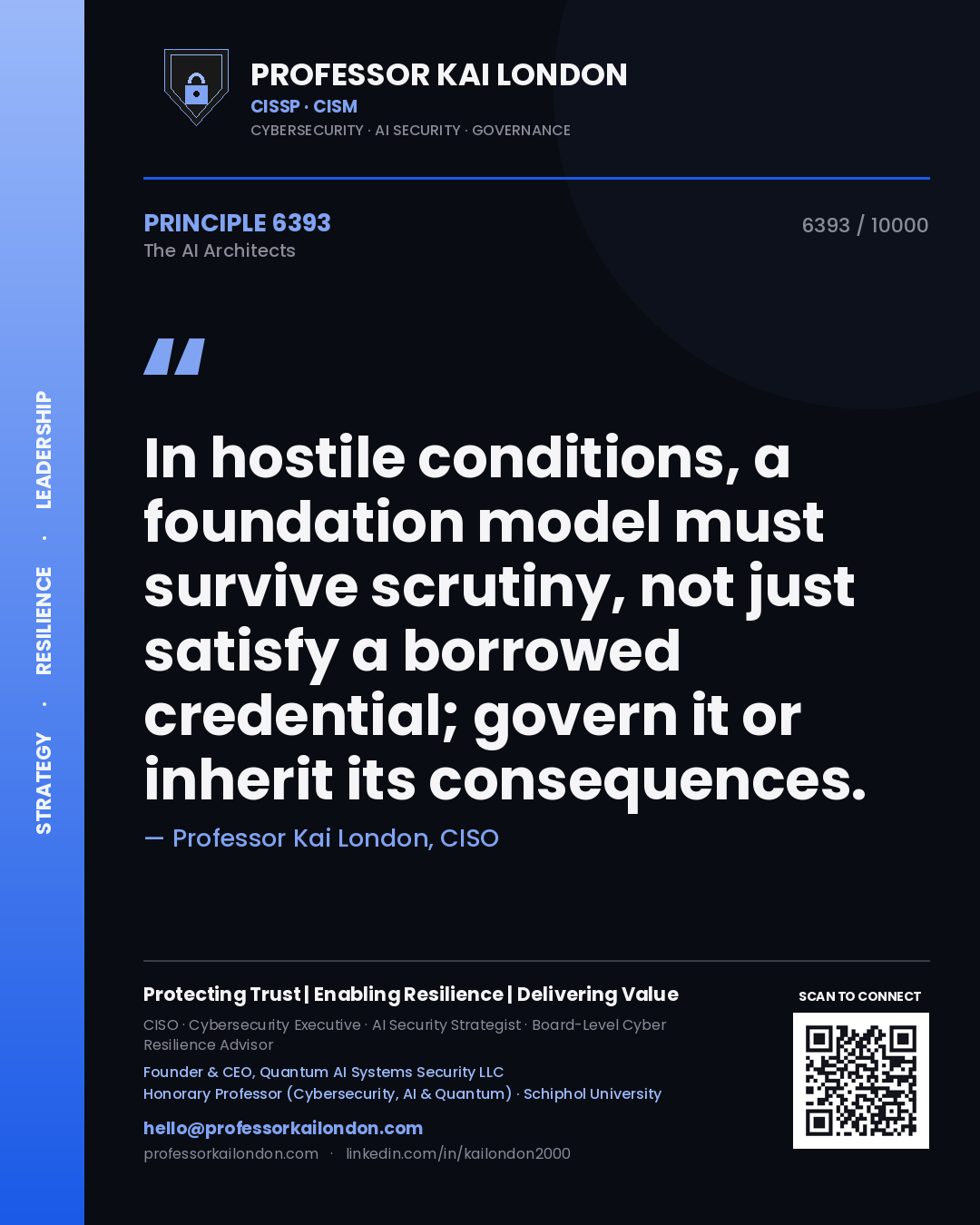 Quote card by Professor Kai London reading 'In hostile conditions, a foundation model must survive scrutiny, not just satisfy a borrowed credential; govern it or inherit its consequences.'. From the book The AI Architects.