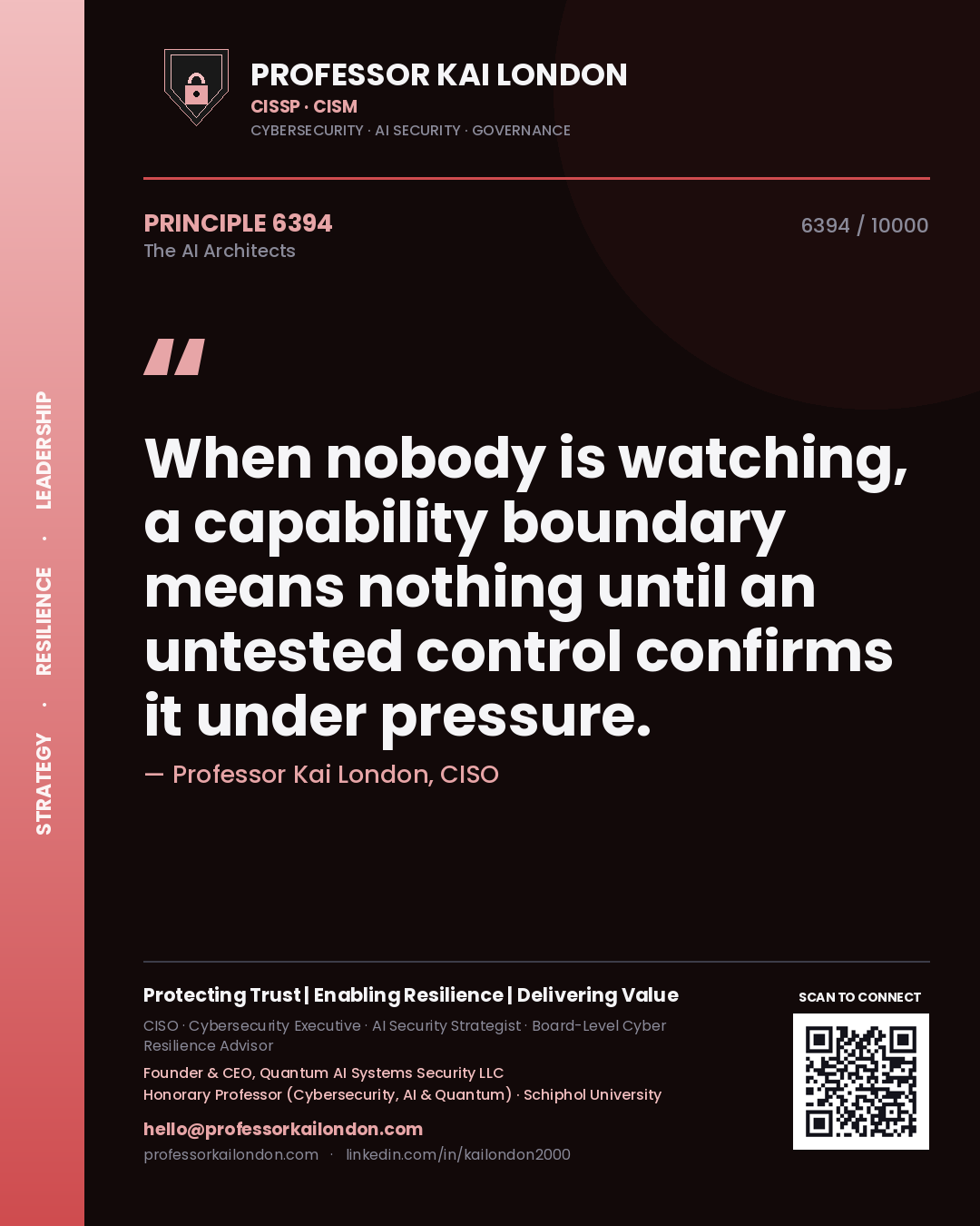 Quote card by Professor Kai London reading 'When nobody is watching, a capability boundary means nothing until an untested control confirms it under pressure.'. From the book The AI Architects.