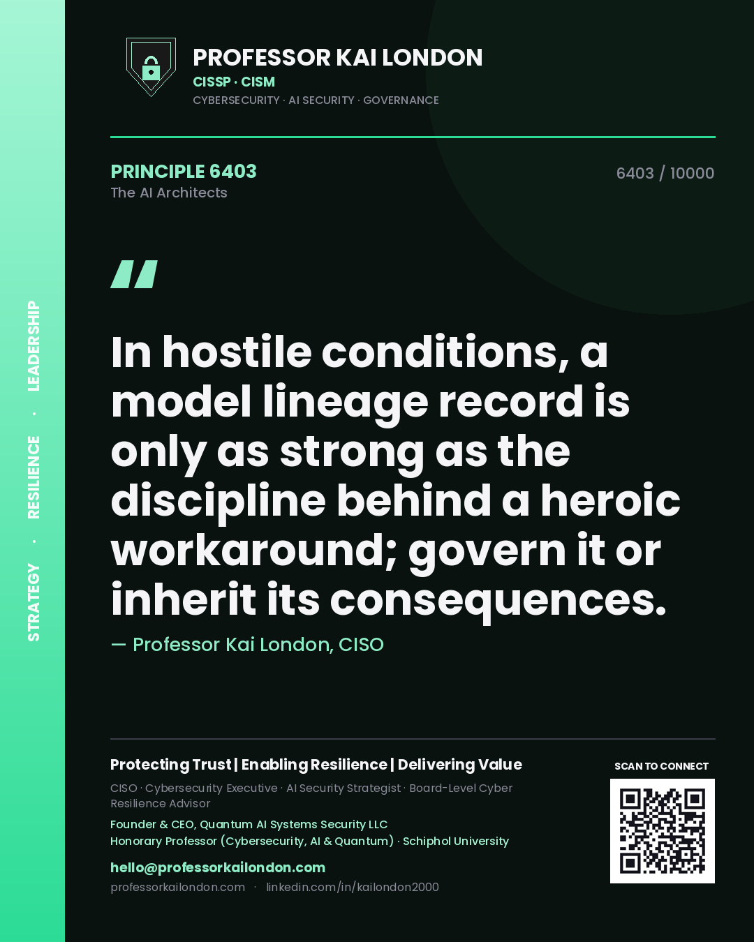 Quote card by Professor Kai London reading 'In hostile conditions, a model lineage record is only as strong as the discipline behind a heroic workaround; govern it or inherit its consequences.'. From the book The AI Architects.