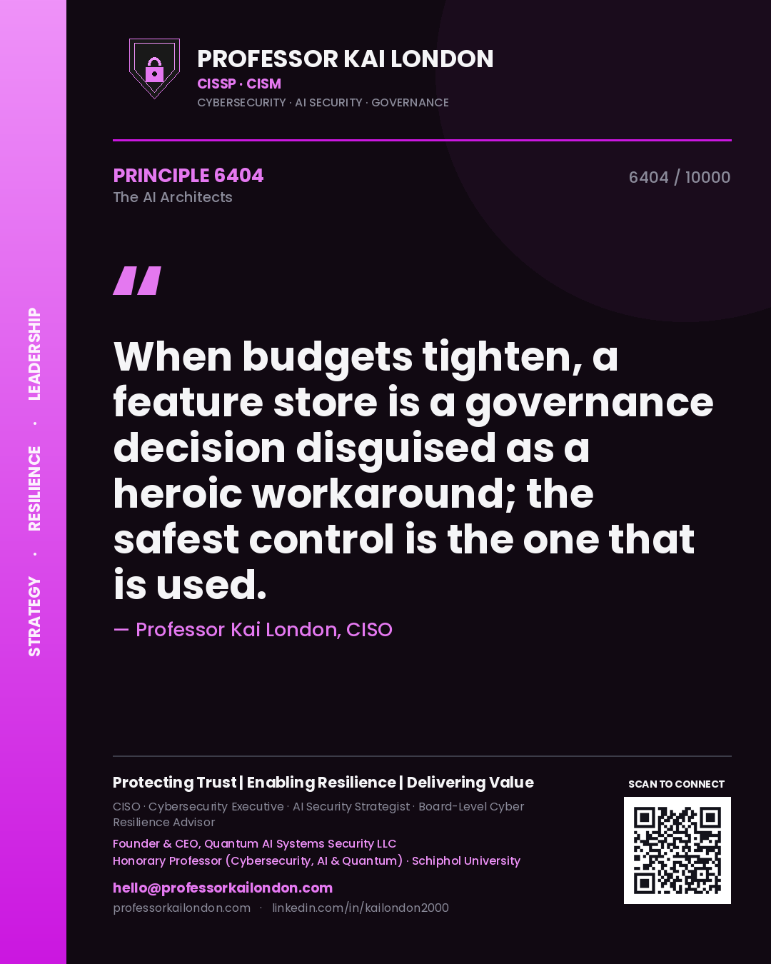 Quote card by Professor Kai London reading 'When budgets tighten, a feature store is a governance decision disguised as a heroic workaround; the safest control is the one that is used.'. From the book The AI Architects.