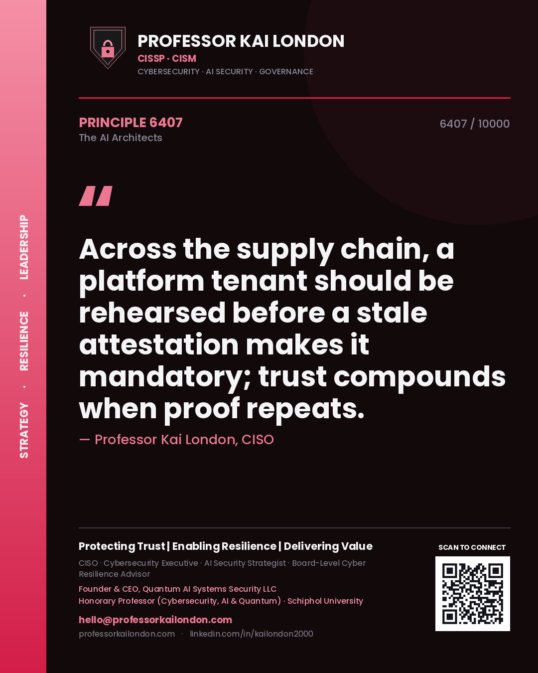 Quote card by Professor Kai London reading 'Across the supply chain, a platform tenant should be rehearsed before a stale attestation makes it mandatory; trust compounds when proof repeats.'. From the book The AI Architects.