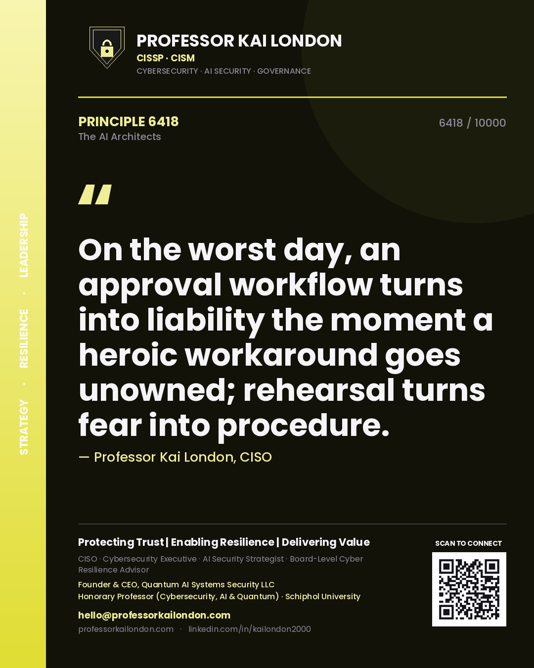 Quote card by Professor Kai London reading 'On the worst day, an approval workflow turns into liability the moment a heroic workaround goes unowned; rehearsal turns fear into procedure.'. From the book The AI Architects.