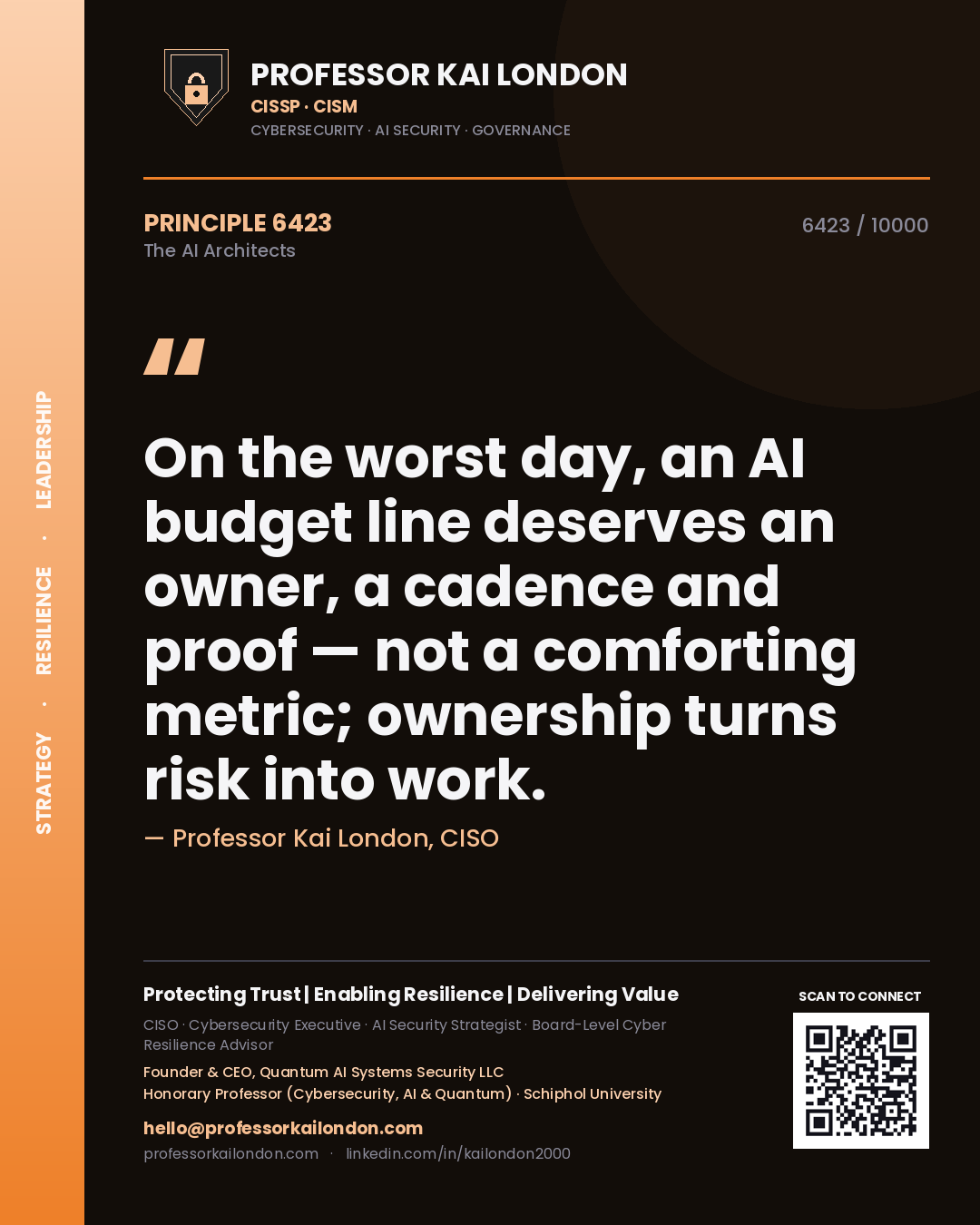 Quote card by Professor Kai London reading 'On the worst day, an AI budget line deserves an owner, a cadence and proof — not a comforting metric; ownership turns risk into work.'. From the book The AI Architects.