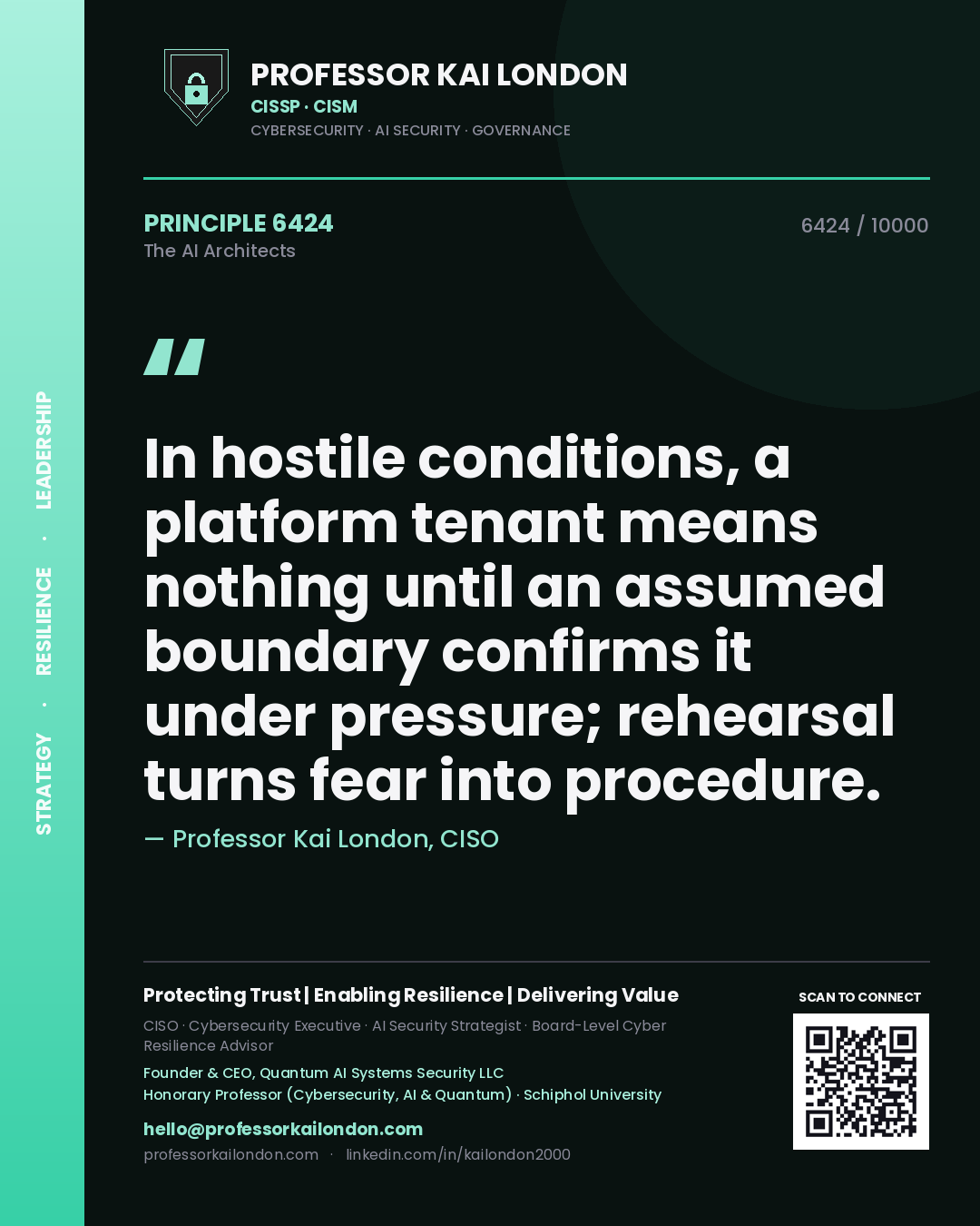 Quote card by Professor Kai London reading 'In hostile conditions, a platform tenant means nothing until an assumed boundary confirms it under pressure; rehearsal turns fear into procedure.'. From the book The AI Architects.