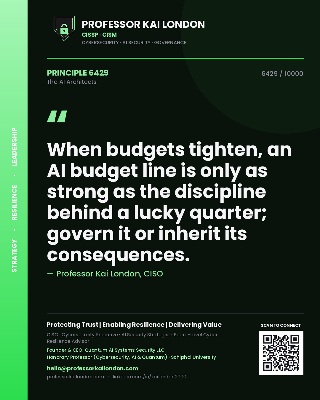 Quote card by Professor Kai London reading 'When budgets tighten, an AI budget line is only as strong as the discipline behind a lucky quarter; govern it or inherit its consequences.'. From the book The AI Architects.