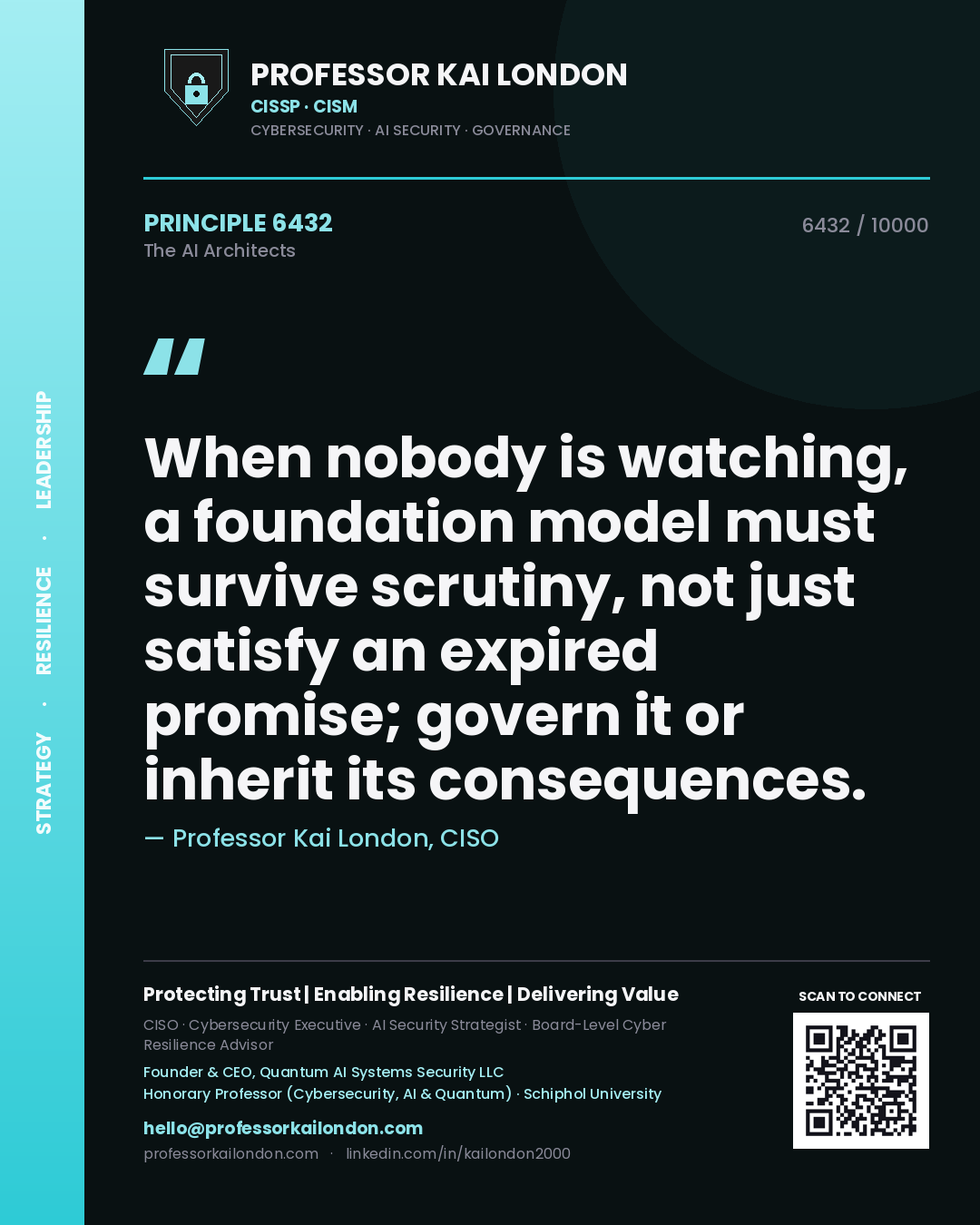 Quote card by Professor Kai London reading 'When nobody is watching, a foundation model must survive scrutiny, not just satisfy an expired promise; govern it or inherit its consequences.'. From the book The AI Architects.