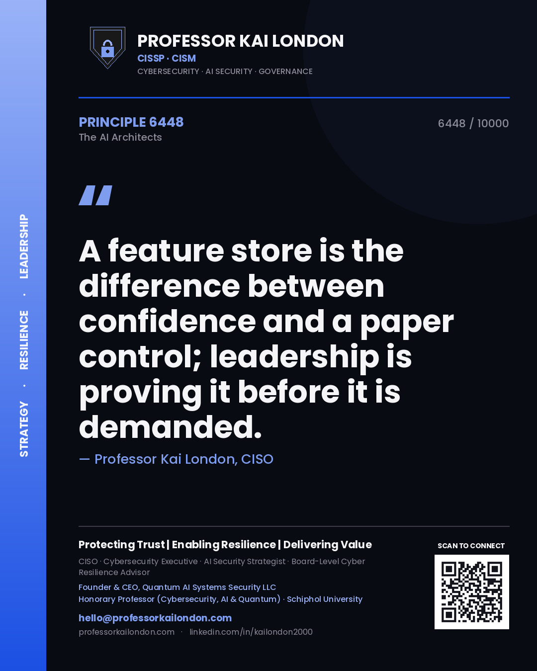 Quote card by Professor Kai London reading 'A feature store is the difference between confidence and a paper control; leadership is proving it before it is demanded.'. From the book The AI Architects.