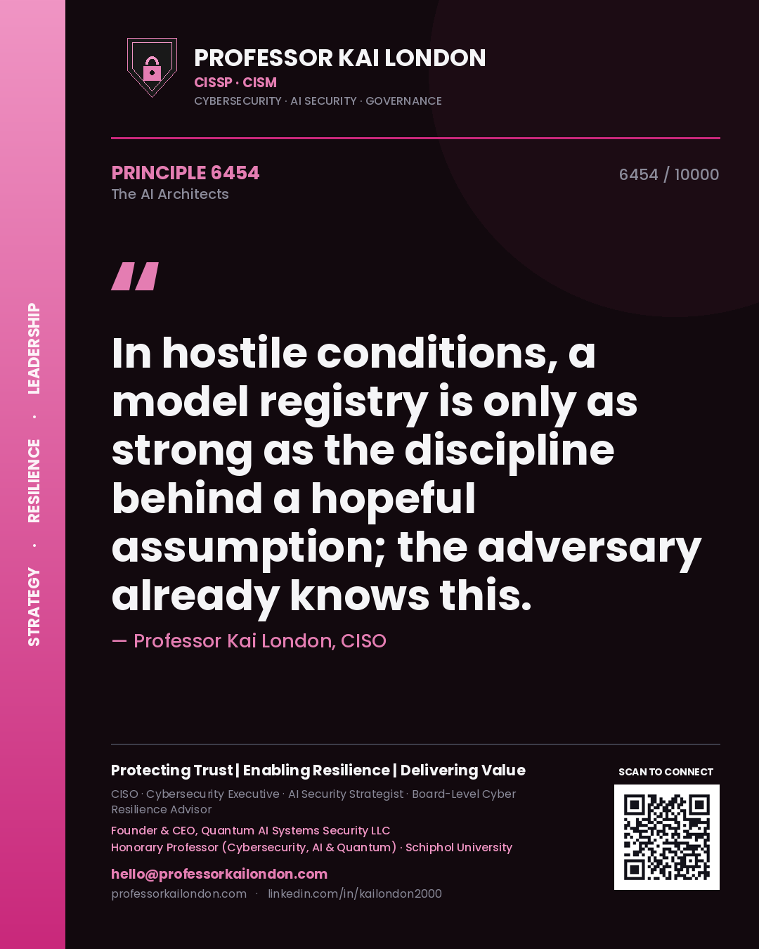 Quote card by Professor Kai London reading 'In hostile conditions, a model registry is only as strong as the discipline behind a hopeful assumption; the adversary already knows this.'. From the book The AI Architects.