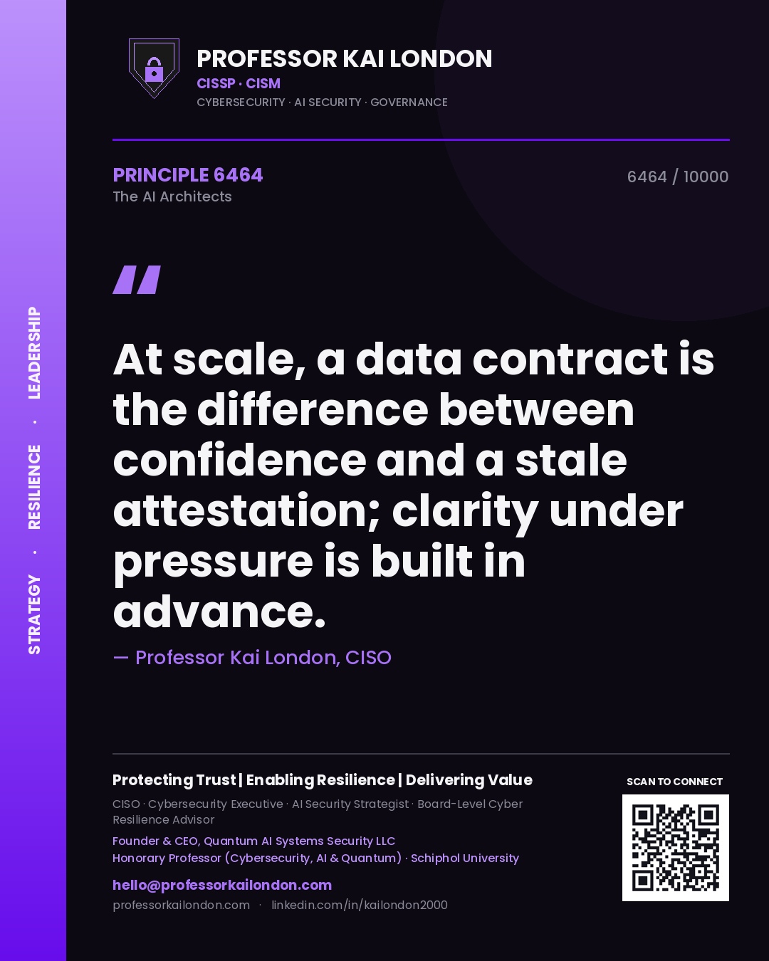 Quote card by Professor Kai London reading 'At scale, a data contract is the difference between confidence and a stale attestation; clarity under pressure is built in advance.'. From the book The AI Architects.