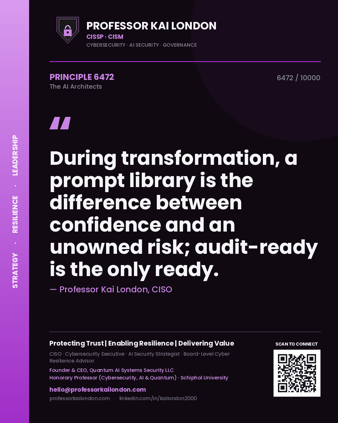Quote card by Professor Kai London reading 'During transformation, a prompt library is the difference between confidence and an unowned risk; audit-ready is the only ready.'. From the book The AI Architects.