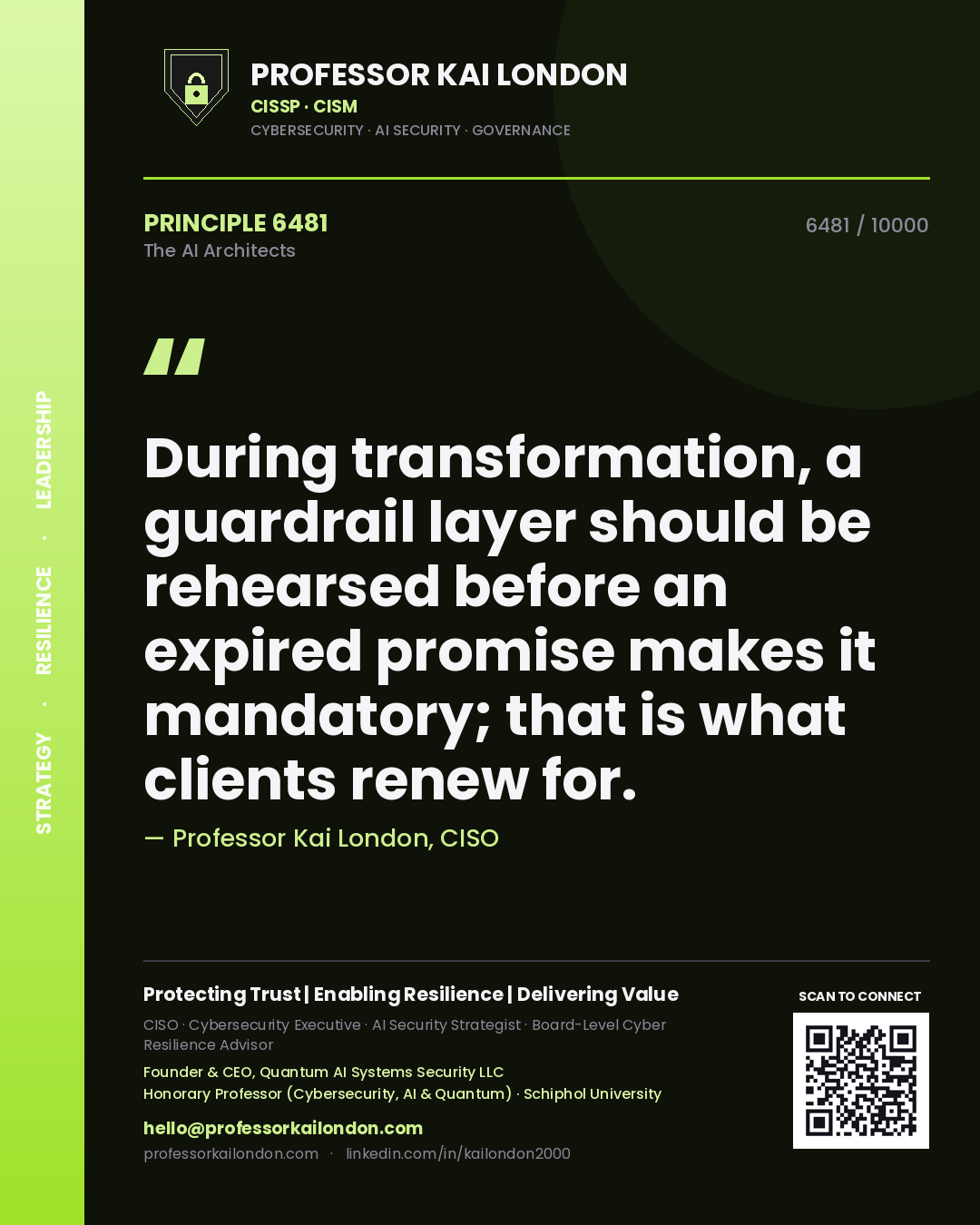 Quote card by Professor Kai London reading 'During transformation, a guardrail layer should be rehearsed before an expired promise makes it mandatory; that is what clients renew for.'. From the book The AI Architects.