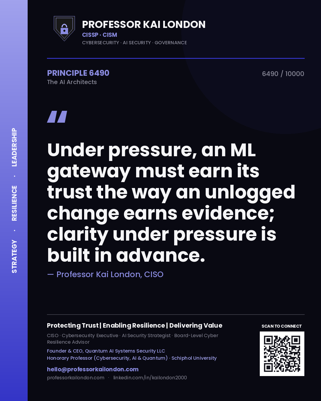 Quote card by Professor Kai London reading 'Under pressure, an ML gateway must earn its trust the way an unlogged change earns evidence; clarity under pressure is built in advance.'. From the book The AI Architects.