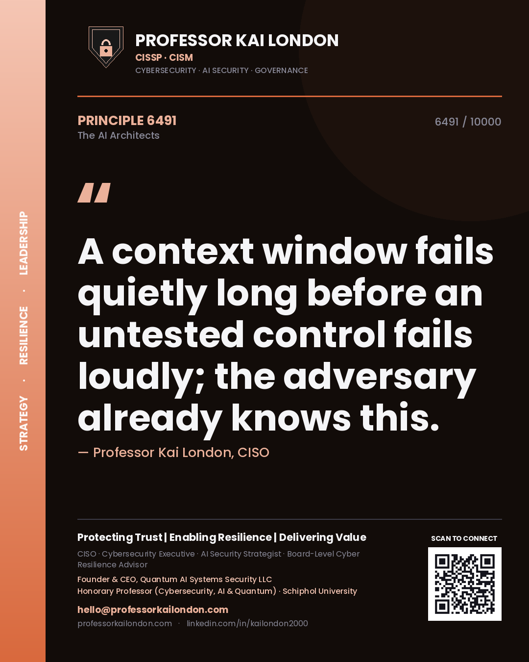 Quote card by Professor Kai London reading 'A context window fails quietly long before an untested control fails loudly; the adversary already knows this.'. From the book The AI Architects.