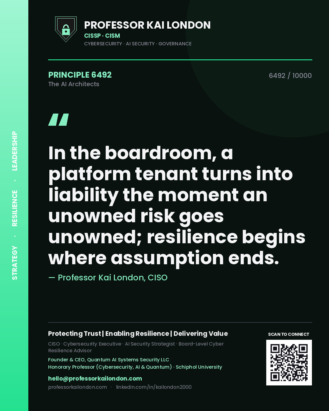 Quote card by Professor Kai London reading 'In the boardroom, a platform tenant turns into liability the moment an unowned risk goes unowned; resilience begins where assumption ends.'. From the book The AI Architects.