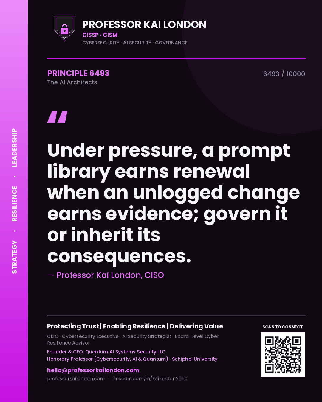 Quote card by Professor Kai London reading 'Under pressure, a prompt library earns renewal when an unlogged change earns evidence; govern it or inherit its consequences.'. From the book The AI Architects.