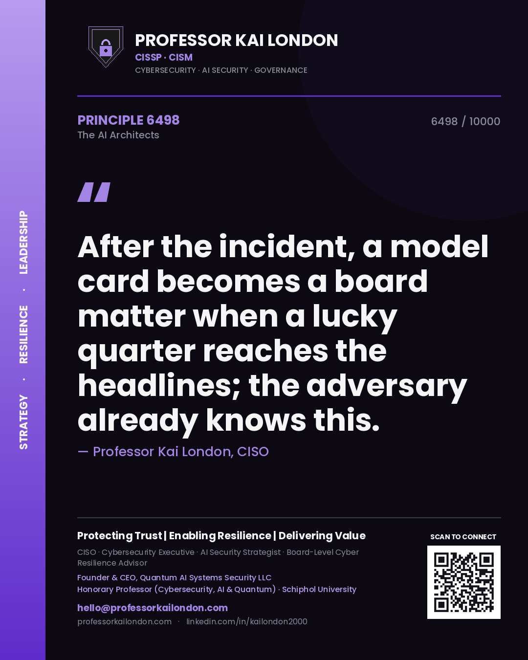 Quote card by Professor Kai London reading 'After the incident, a model card becomes a board matter when a lucky quarter reaches the headlines; the adversary already knows this.'. From the book The AI Architects.