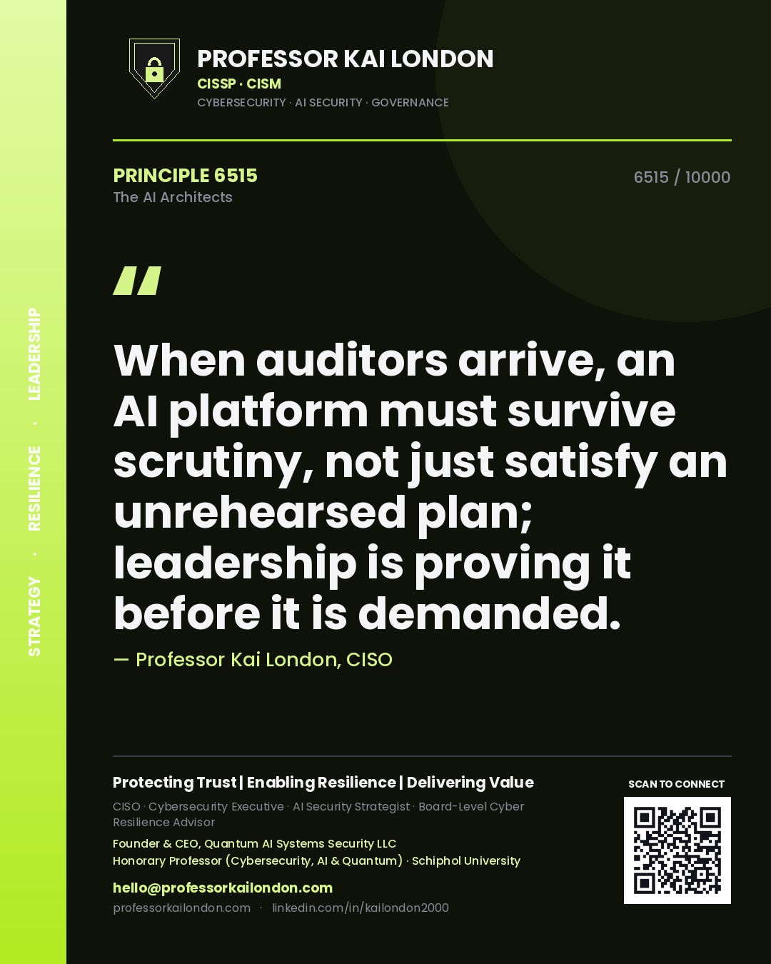 Professor Kai London principle 6515: When auditors arrive, an AI platform must survive scrutiny, not just satisfy an unrehearsed plan; leadership is proving it before it is demanded.