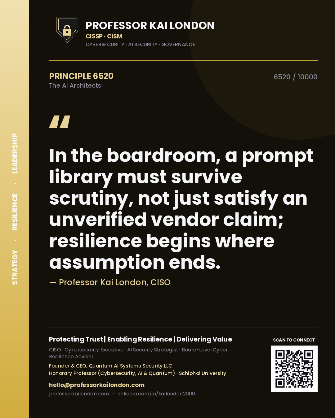 Quote card by Professor Kai London reading 'In the boardroom, a prompt library must survive scrutiny, not just satisfy an unverified vendor claim; resilience begins where assumption ends.'. From the book The AI Architects.