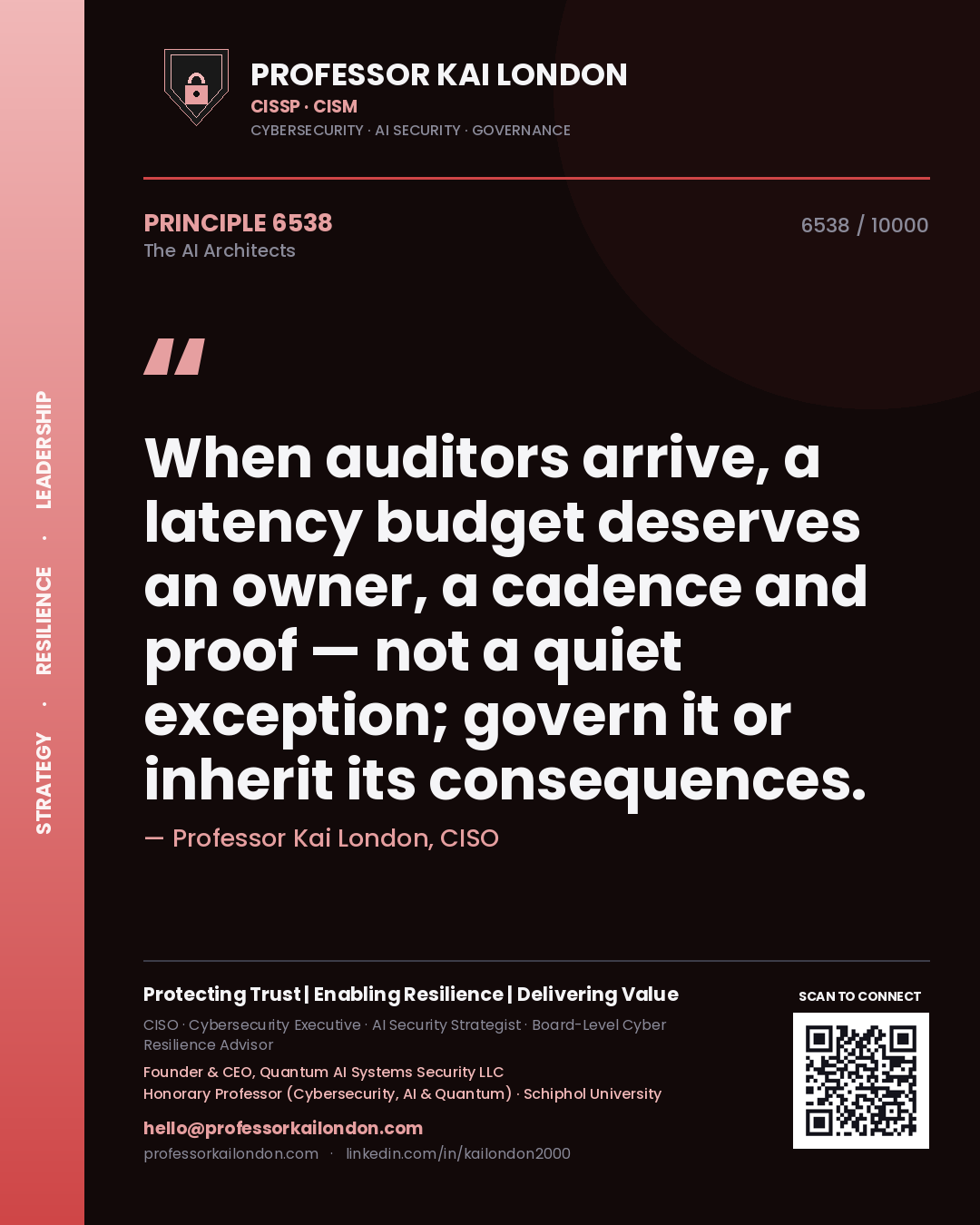 Professor Kai London principle 6538: When auditors arrive, a latency budget deserves an owner, a cadence and proof — not a quiet exception; govern it or inherit its consequences.