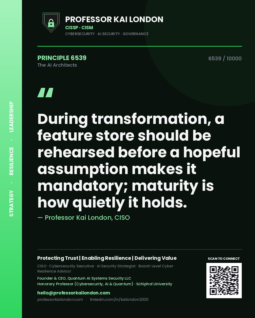 Professor Kai London principle 6539: During transformation, a feature store should be rehearsed before a hopeful assumption makes it mandatory; maturity is how quietly it holds.