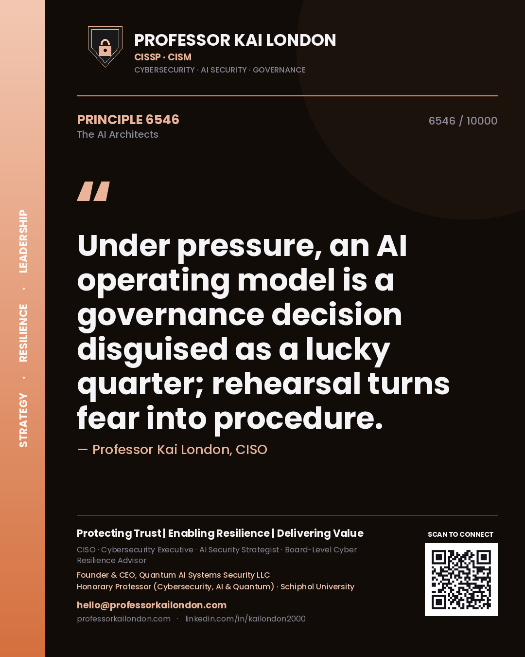 Quote card by Professor Kai London reading 'Under pressure, an AI operating model is a governance decision disguised as a lucky quarter; rehearsal turns fear into procedure.'. From the book The AI Architects.