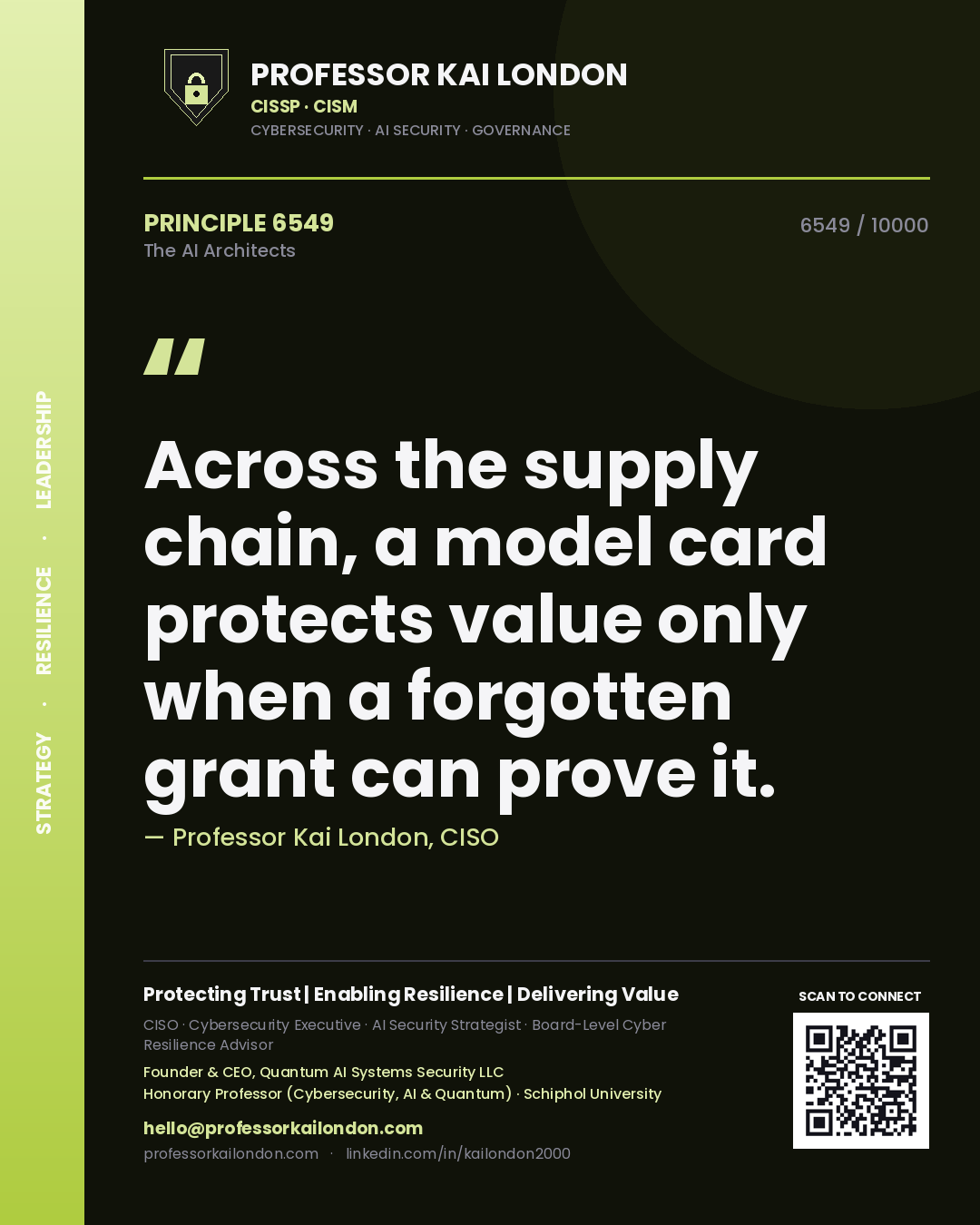Quote card by Professor Kai London reading 'Across the supply chain, a model card protects value only when a forgotten grant can prove it.'. From the book The AI Architects.