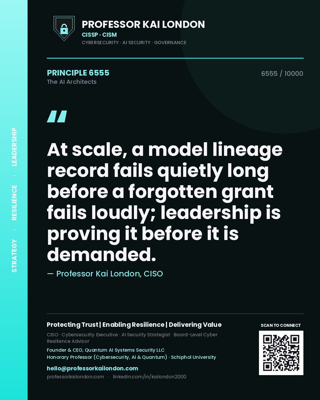 Professor Kai London principle 6555: At scale, a model lineage record fails quietly long before a forgotten grant fails loudly; leadership is proving it before it is demanded.