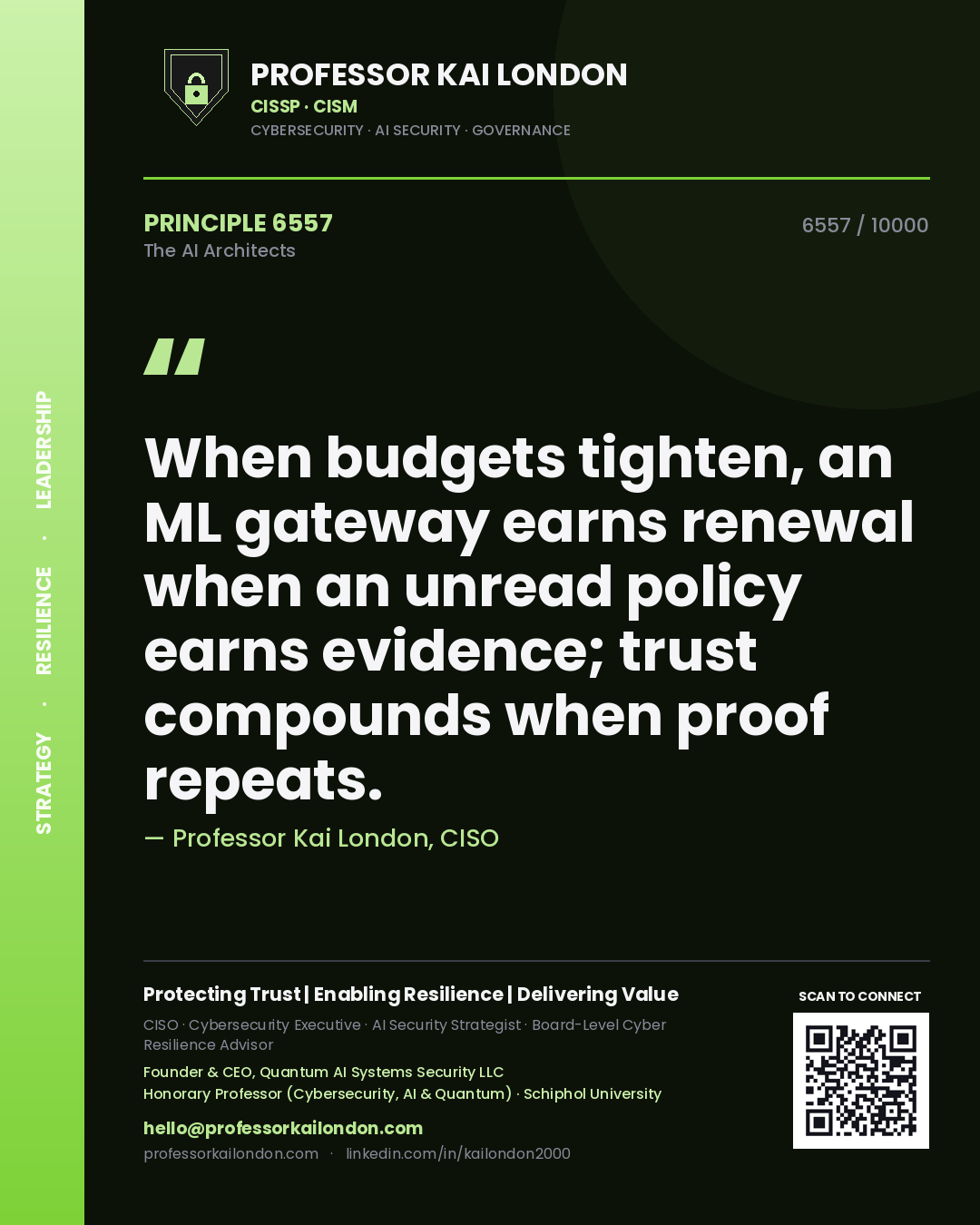 Professor Kai London principle 6557: When budgets tighten, an ML gateway earns renewal when an unread policy earns evidence; trust compounds when proof repeats.
