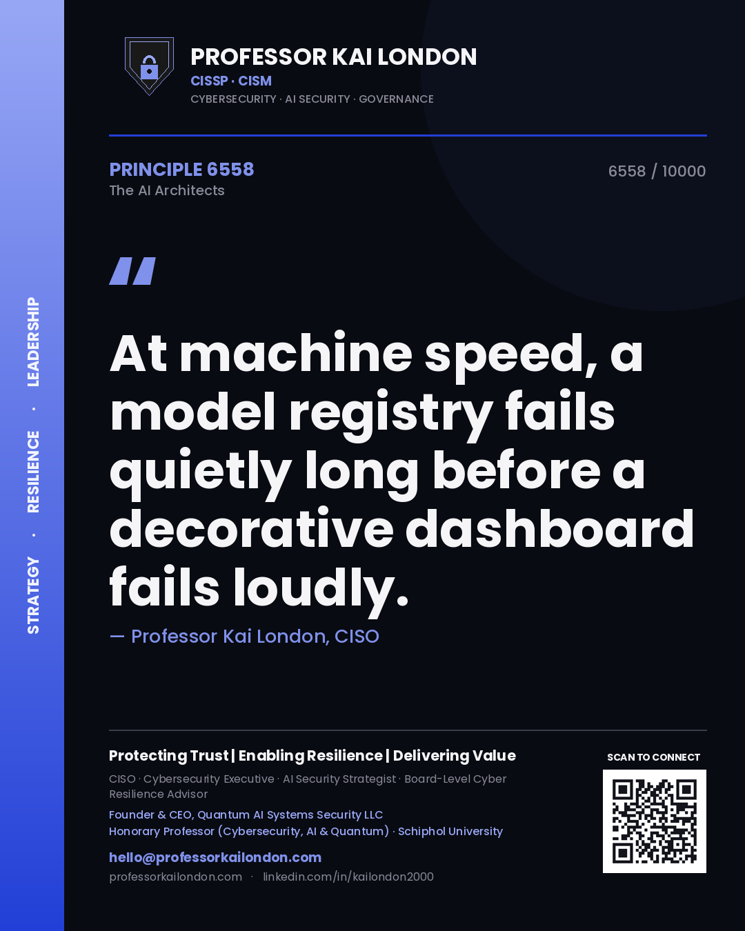 Quote card by Professor Kai London reading 'At machine speed, a model registry fails quietly long before a decorative dashboard fails loudly.'. From the book The AI Architects.