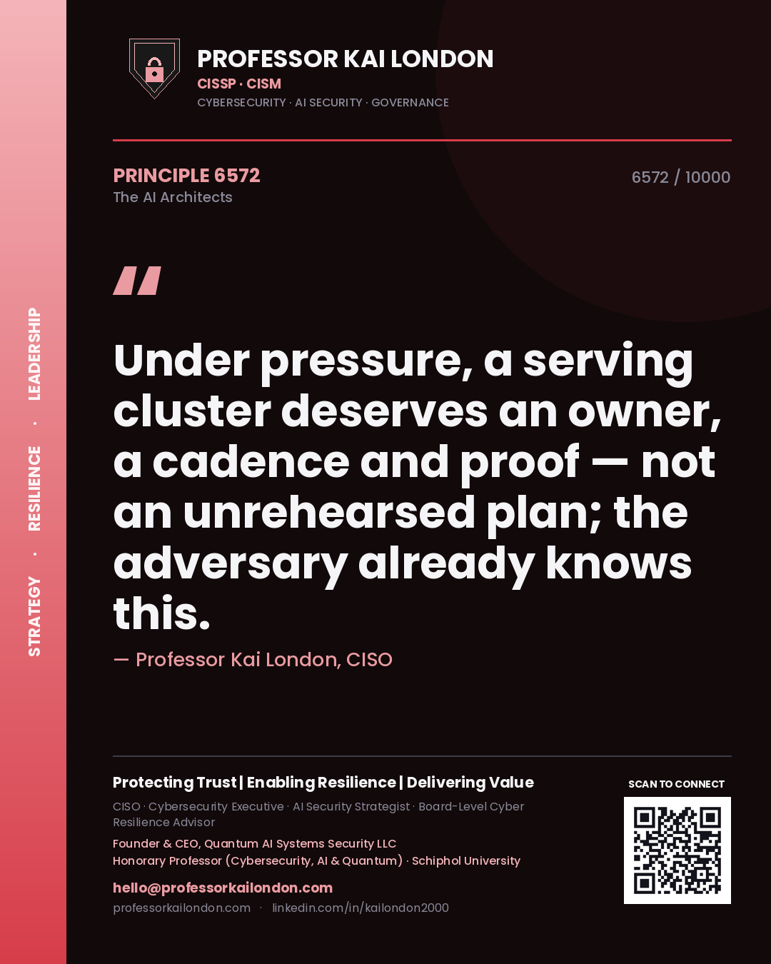 Professor Kai London principle 6572: Under pressure, a serving cluster deserves an owner, a cadence and proof — not an unrehearsed plan; the adversary already knows this.