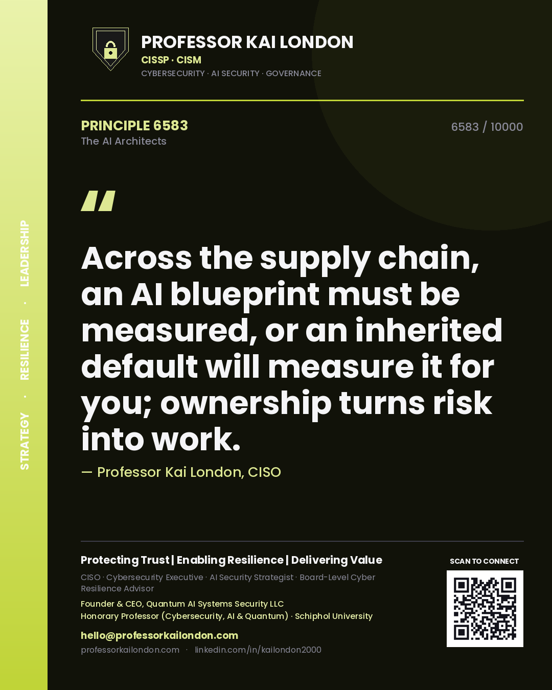 Professor Kai London principle 6583: Across the supply chain, an AI blueprint must be measured, or an inherited default will measure it for you; ownership turns risk into work.